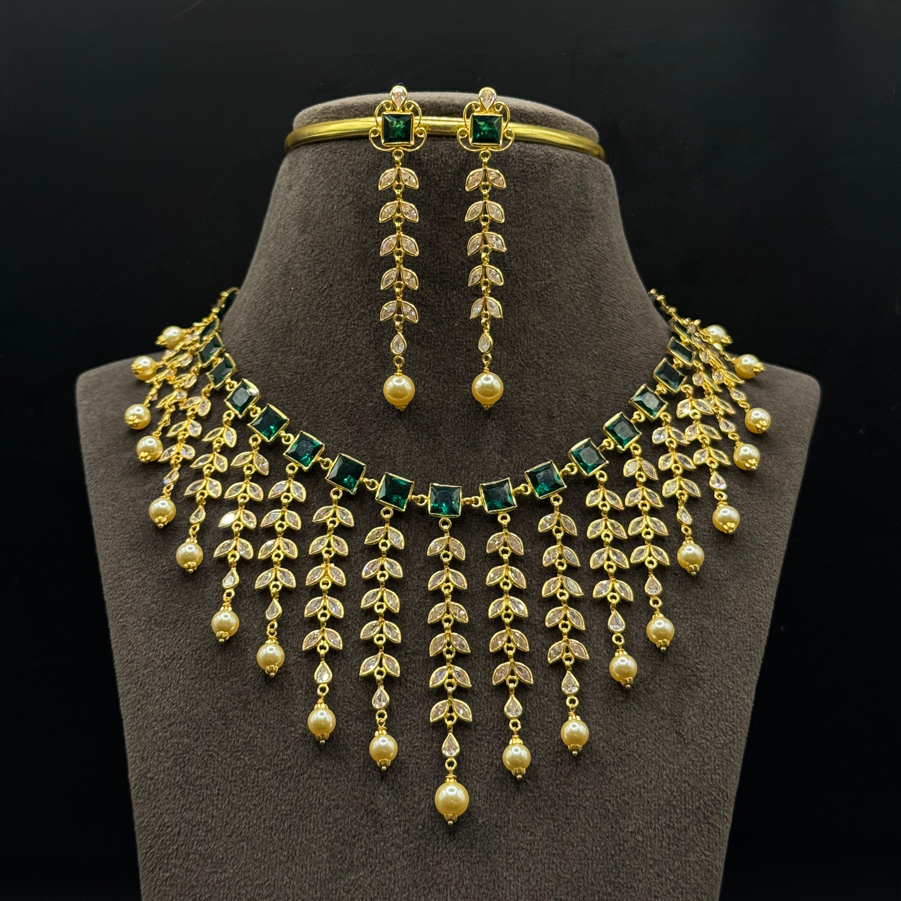 Kimtee Jewellers - Lightweight Green Stone Pearl 916 Gold Necklace Set